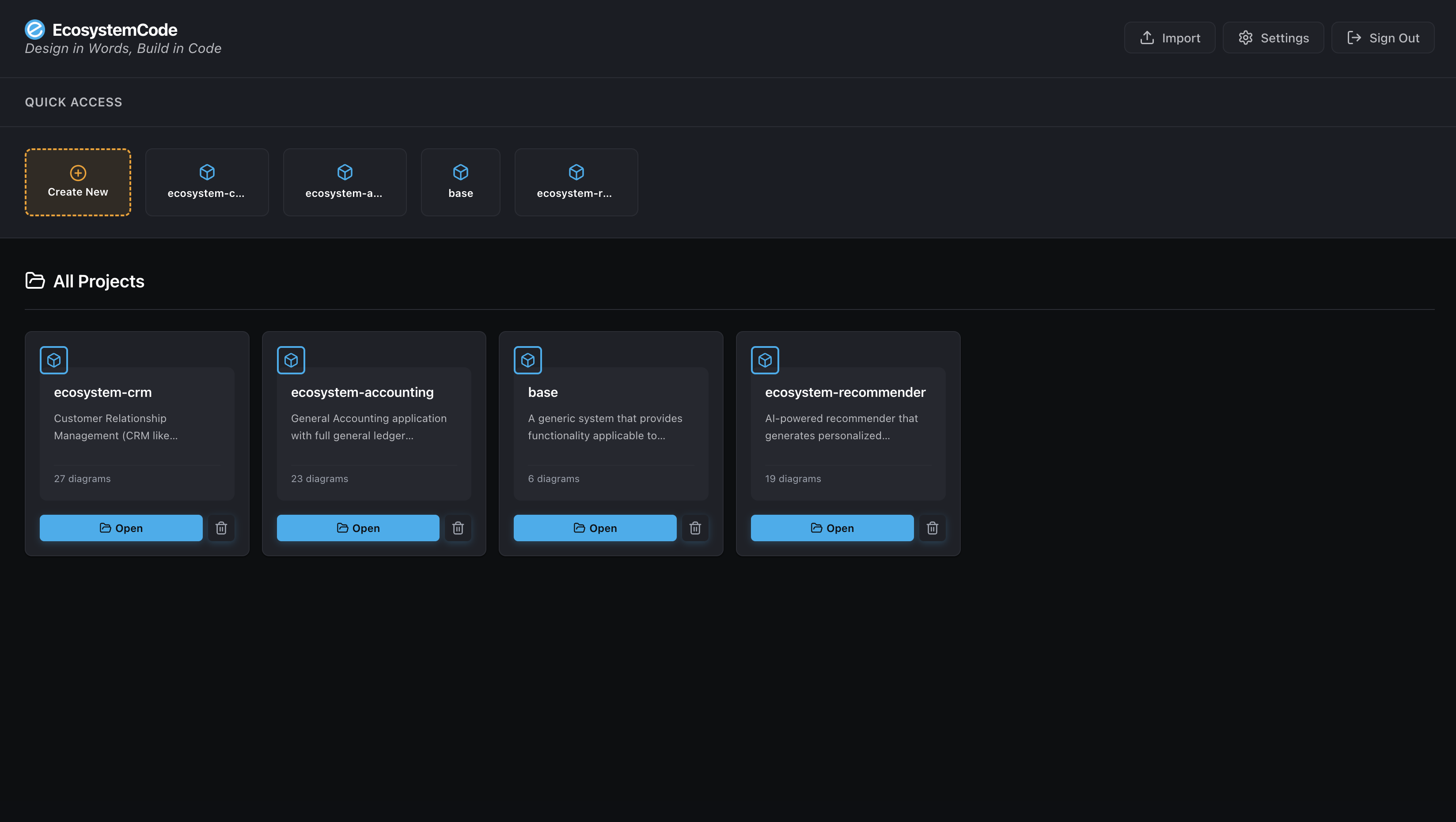 EcosystemCode Project Dashboard - Centralized interface for managing AI-driven UML projects, generated codebases, and team collaboration workflows