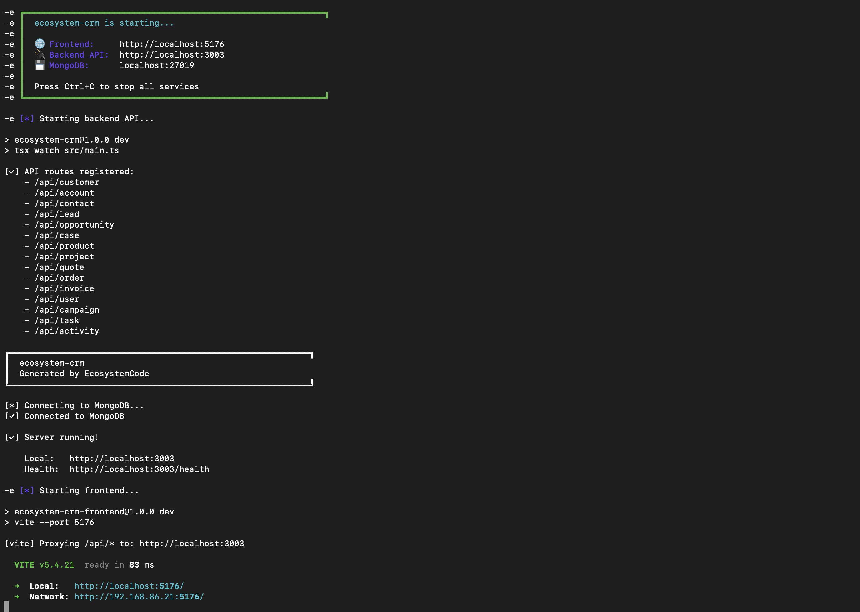 Terminal showing generated application running with frontend, backend, and database services