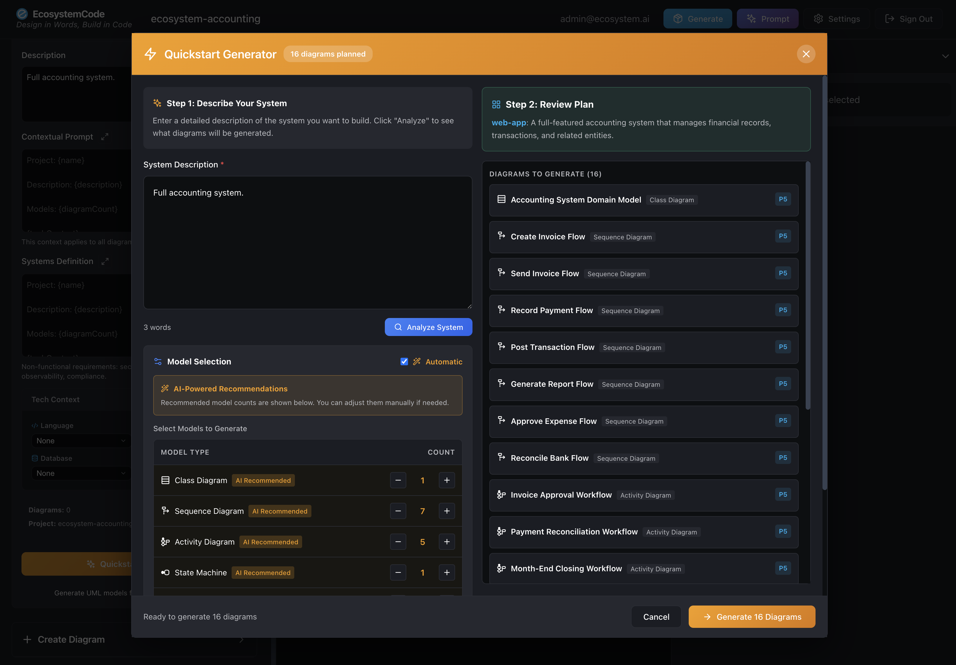 AI Quickstart Generator showing system description and diagram selection