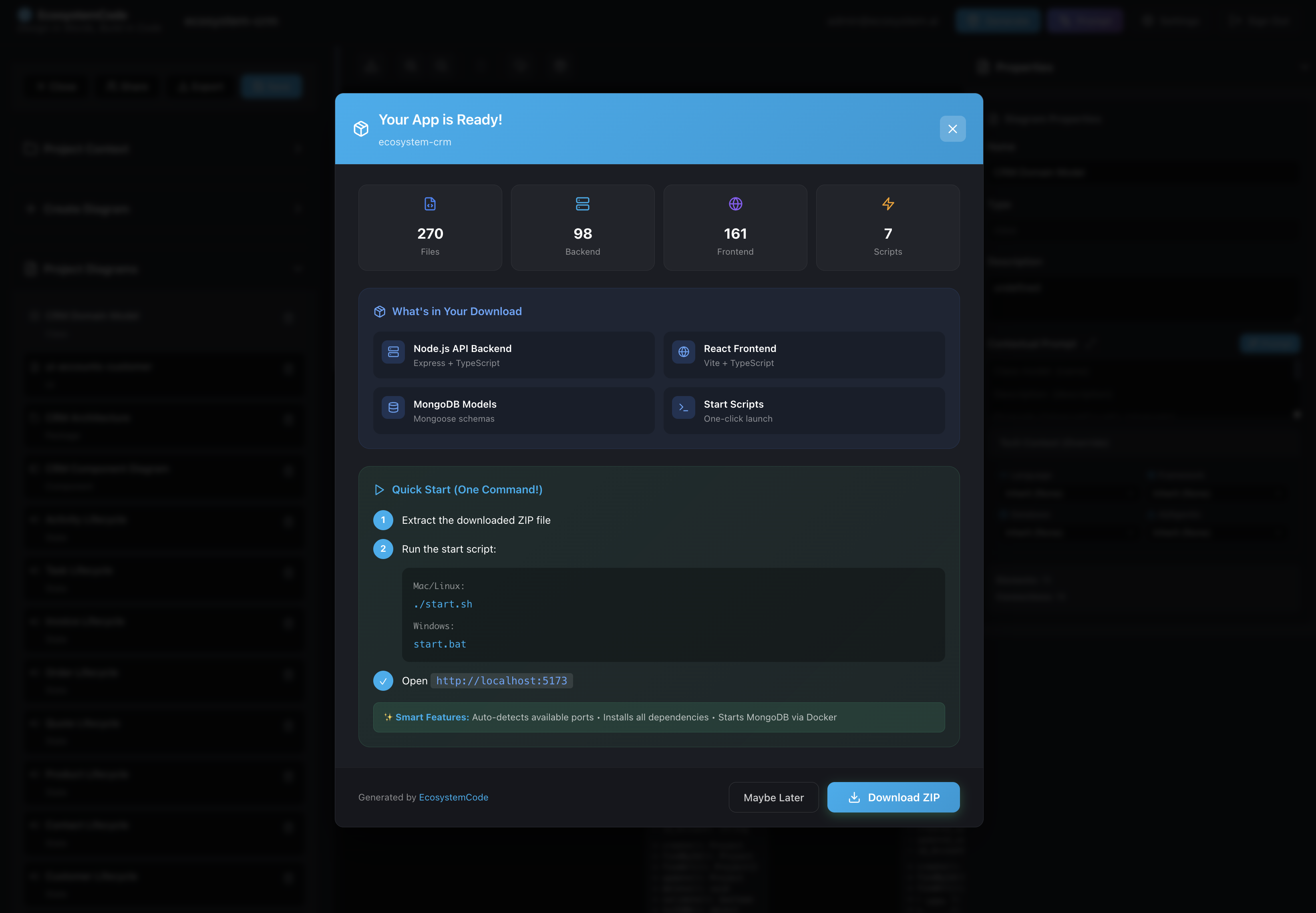 Pre-generation validation modal showing complete application preview with file counts and download options