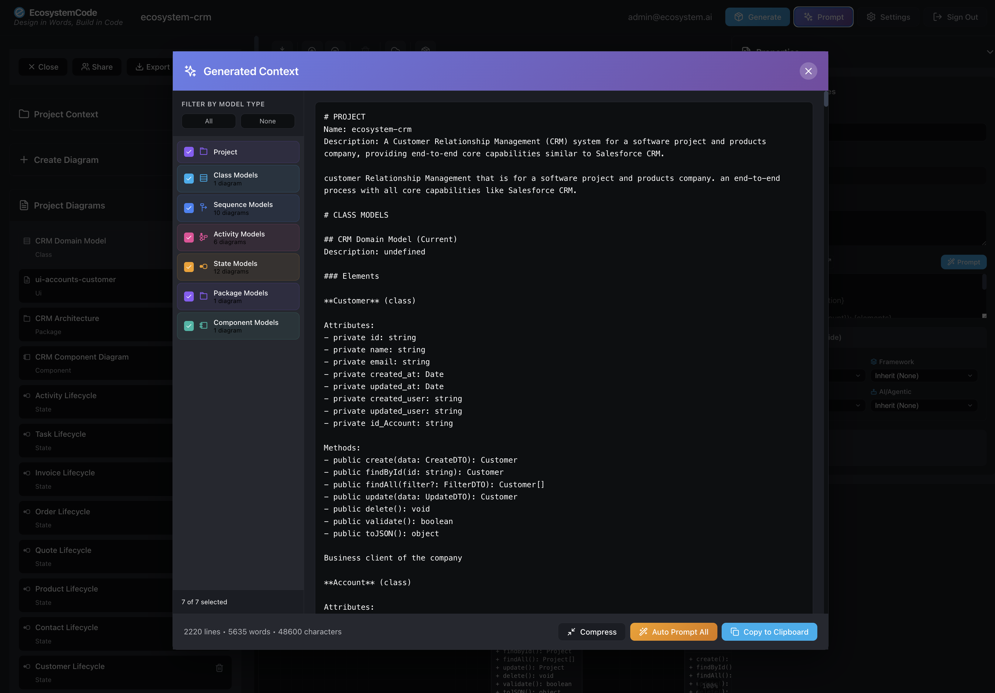 Generated context prompt showing comprehensive system information from UML diagrams