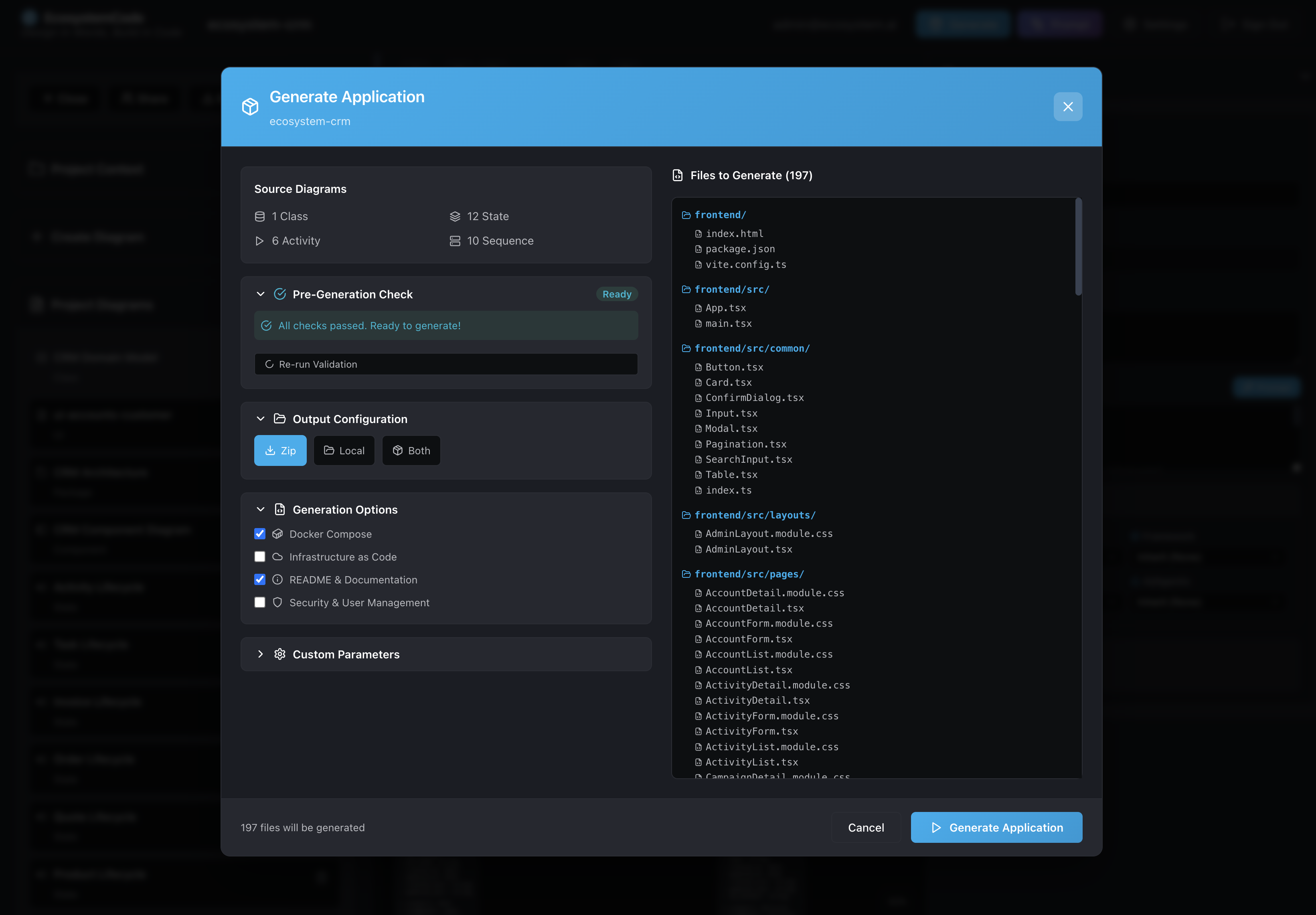 Code generation modal interface showing file preview, validation status, and generation configuration options