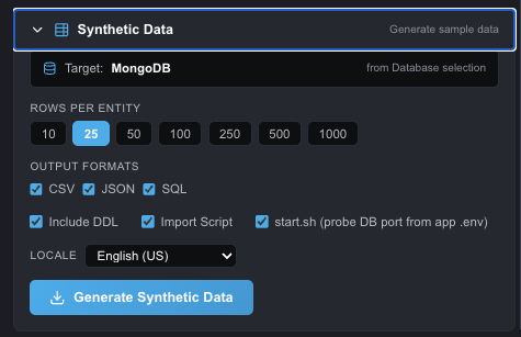 Synthetic Data panel: target database from project selection, rows per entity, CSV JSON and SQL output formats, optional DDL import script and start script, locale, and Generate Synthetic Data action